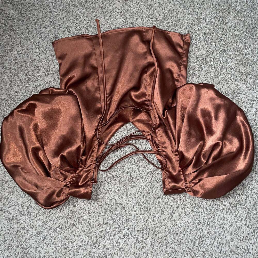 Milk & Honey Burnt Rust Orange Silk Puff-Sleeve Tie-Back Crop Top - Picture 3 of 4